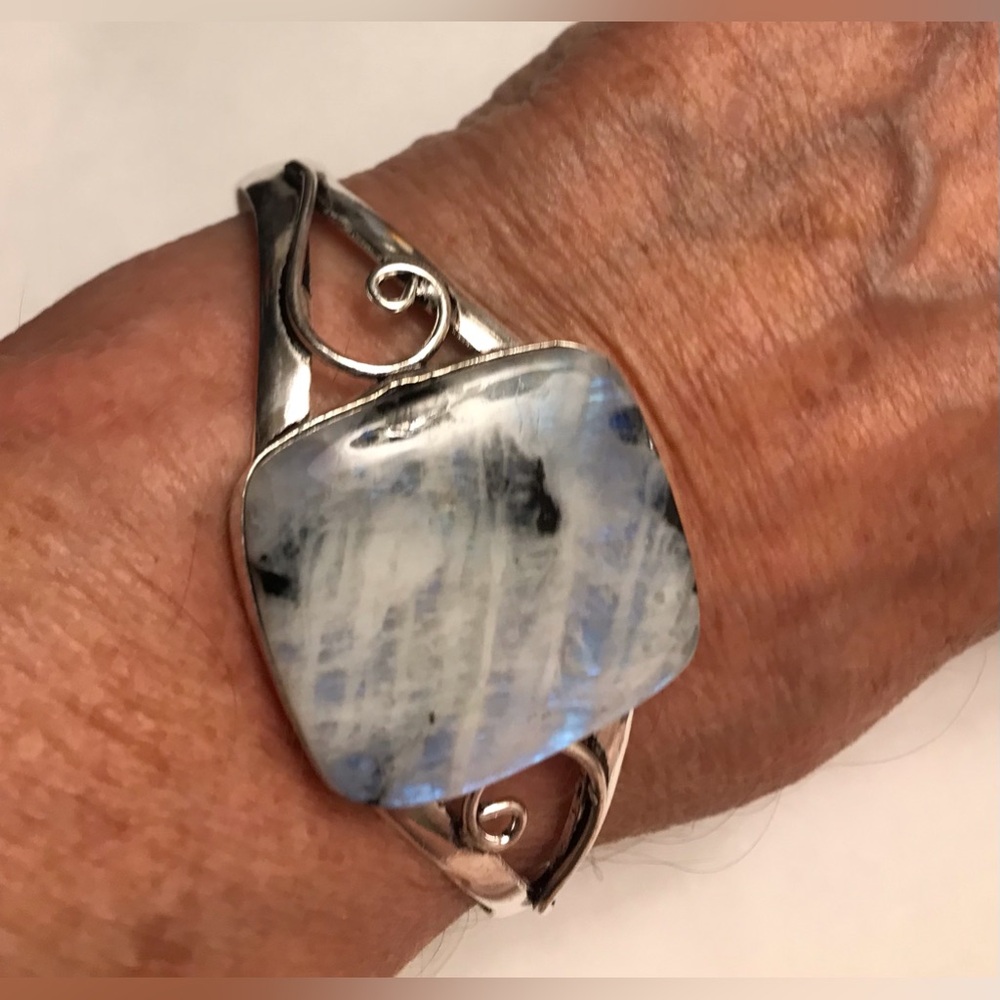 Rainbow Moonstone Stamped 925 Sterling Silver Cuff Bracelet